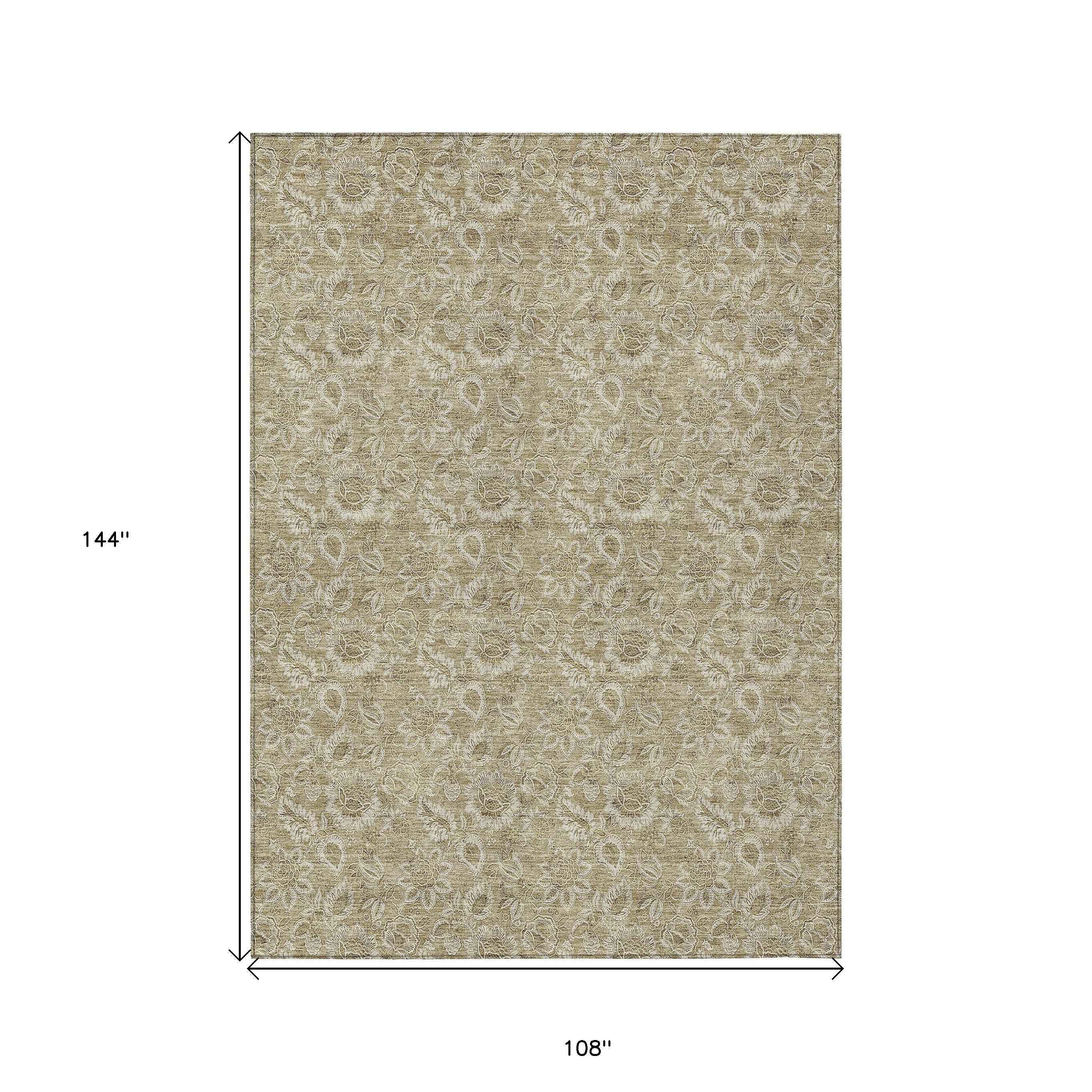 9' X 12' Beige Taupe And Brown Floral Washable Indoor Outdoor Area Rug