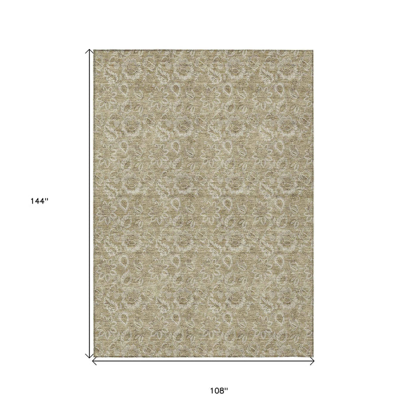 9' X 12' Beige Taupe And Brown Floral Washable Indoor Outdoor Area Rug