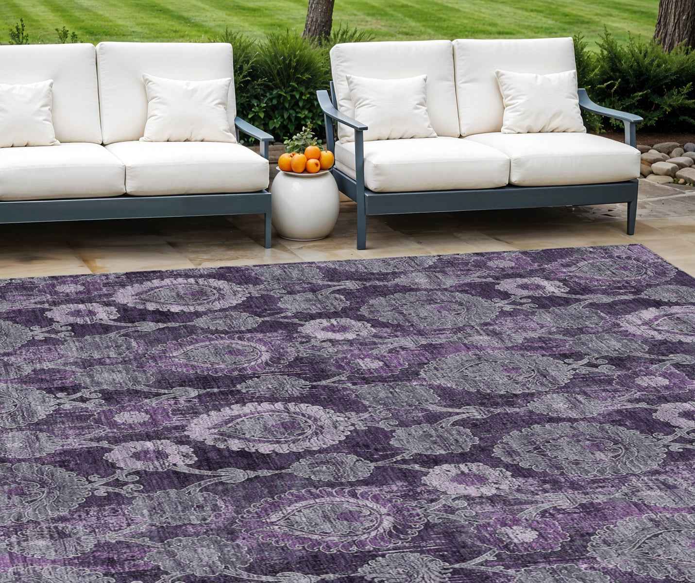 8' X 10' Eggplant Purple And Lavender Damask Washable Indoor Outdoor Area Rug