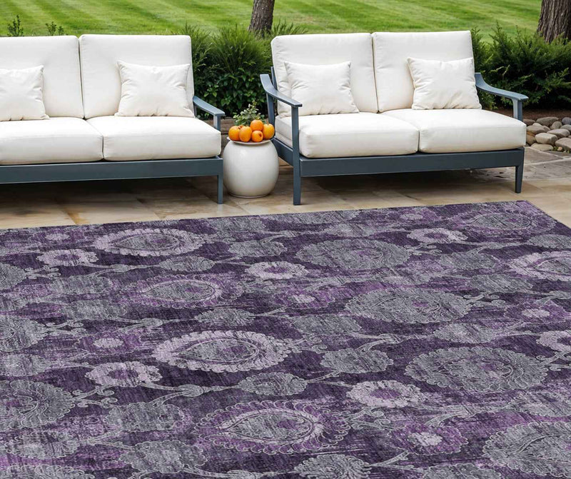 8' X 10' Eggplant Purple And Lavender Damask Washable Indoor Outdoor Area Rug