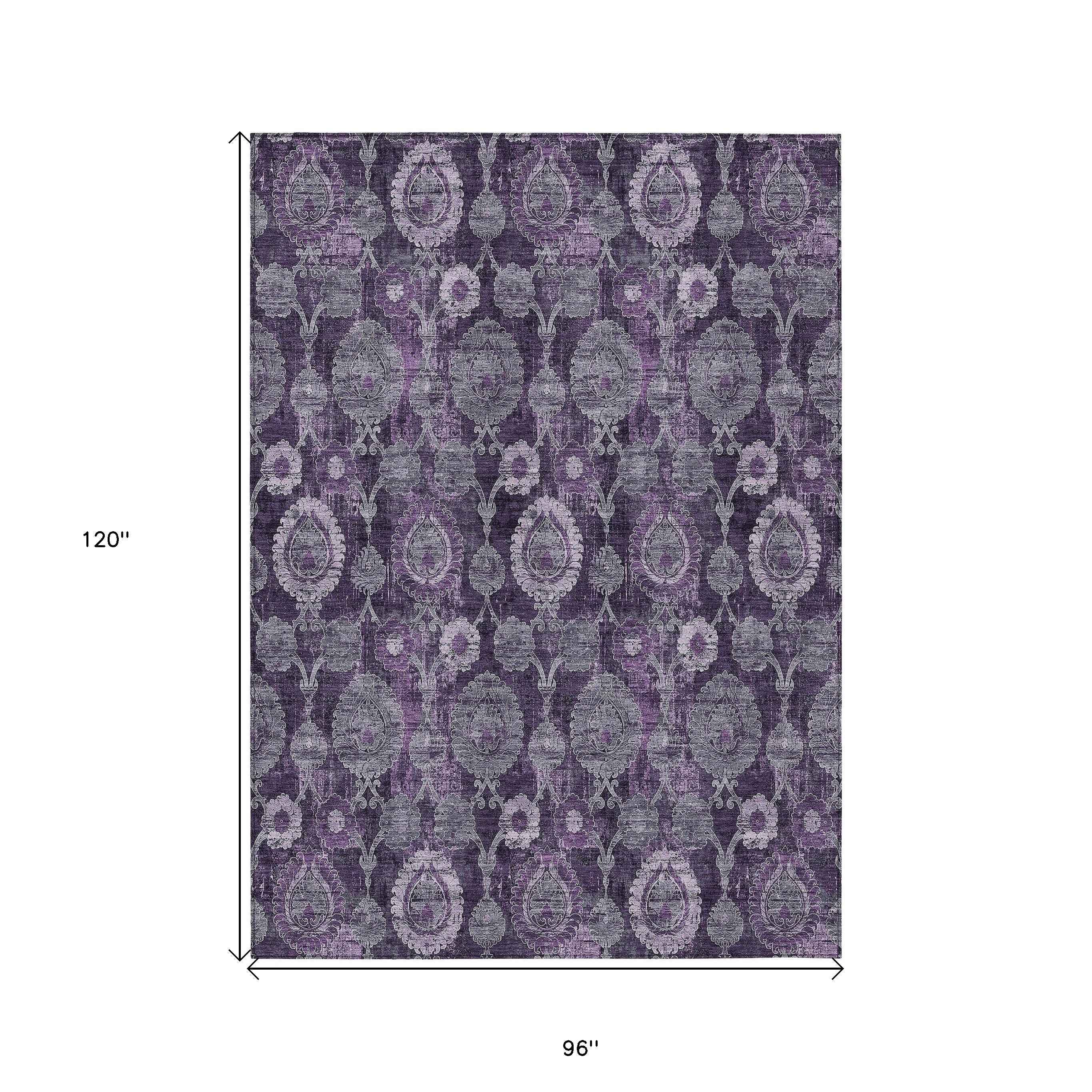 8' X 10' Eggplant Purple And Lavender Damask Washable Indoor Outdoor Area Rug