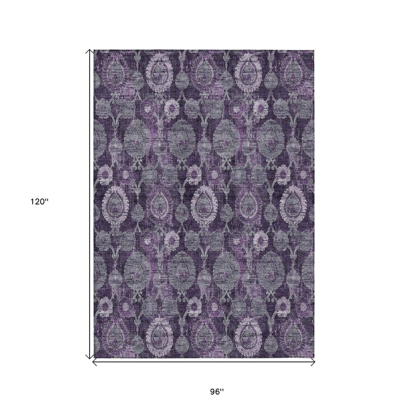 8' X 10' Eggplant Purple And Lavender Damask Washable Indoor Outdoor Area Rug