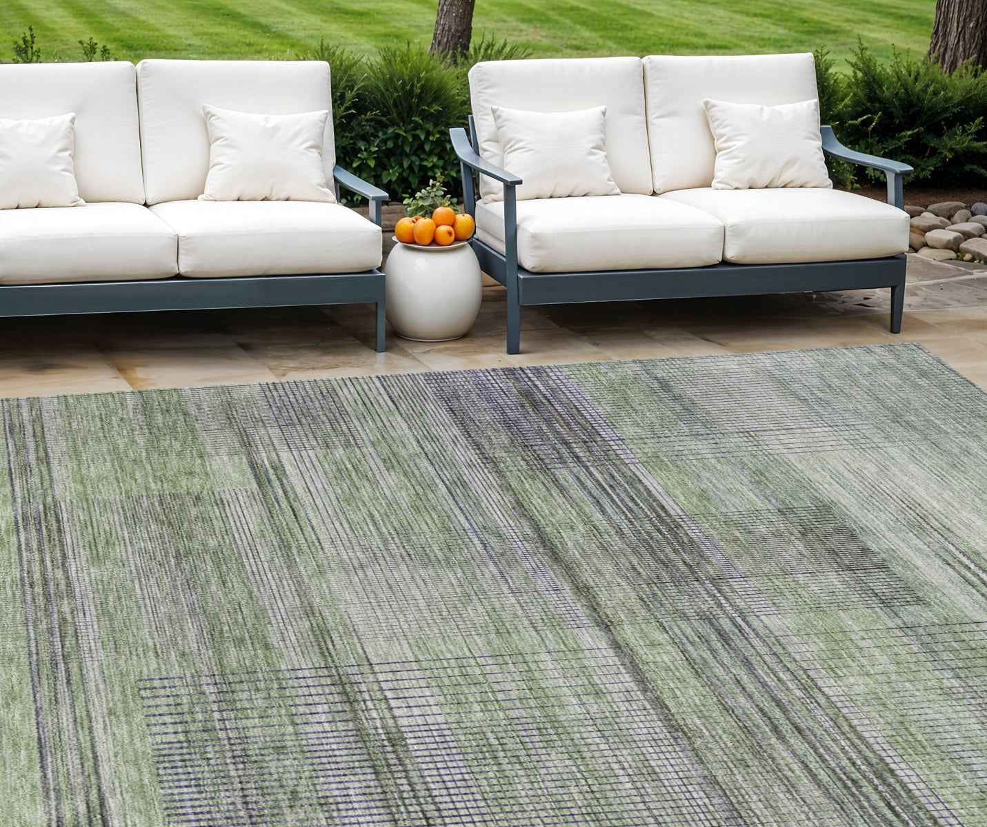 9' X 12' Artichoke Green Purple And Fern Green Striped Washable Indoor Outdoor Area Rug