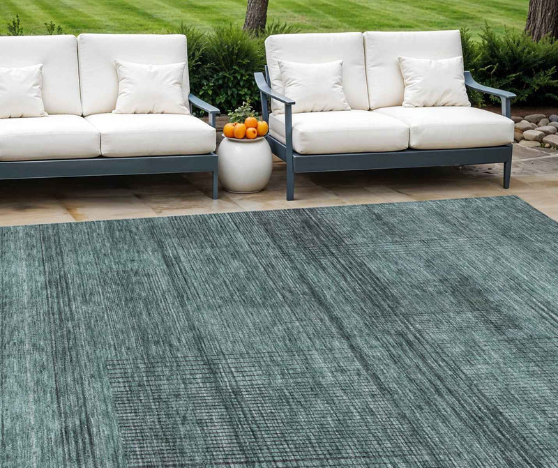 9' X 12' Teal Blue Aqua And Gray Striped Washable Indoor Outdoor Area Rug