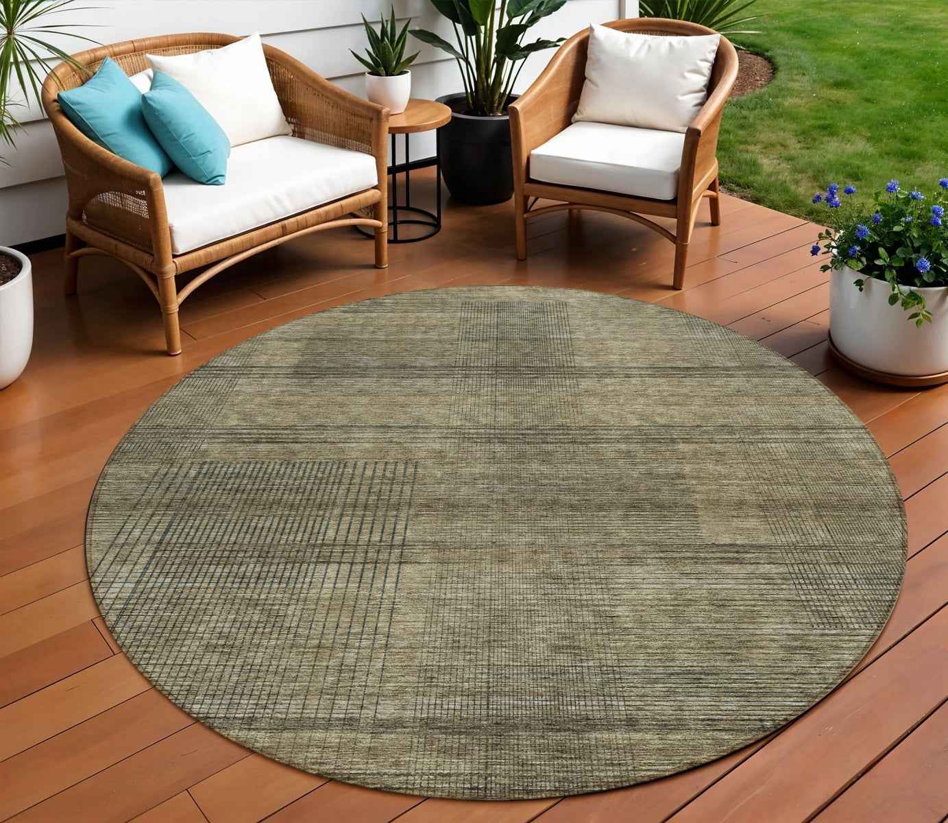 8' Brown Beige And Taupe Round Striped Washable Indoor Outdoor Area Rug