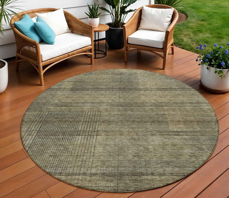 8' Brown Beige And Taupe Round Striped Washable Indoor Outdoor Area Rug