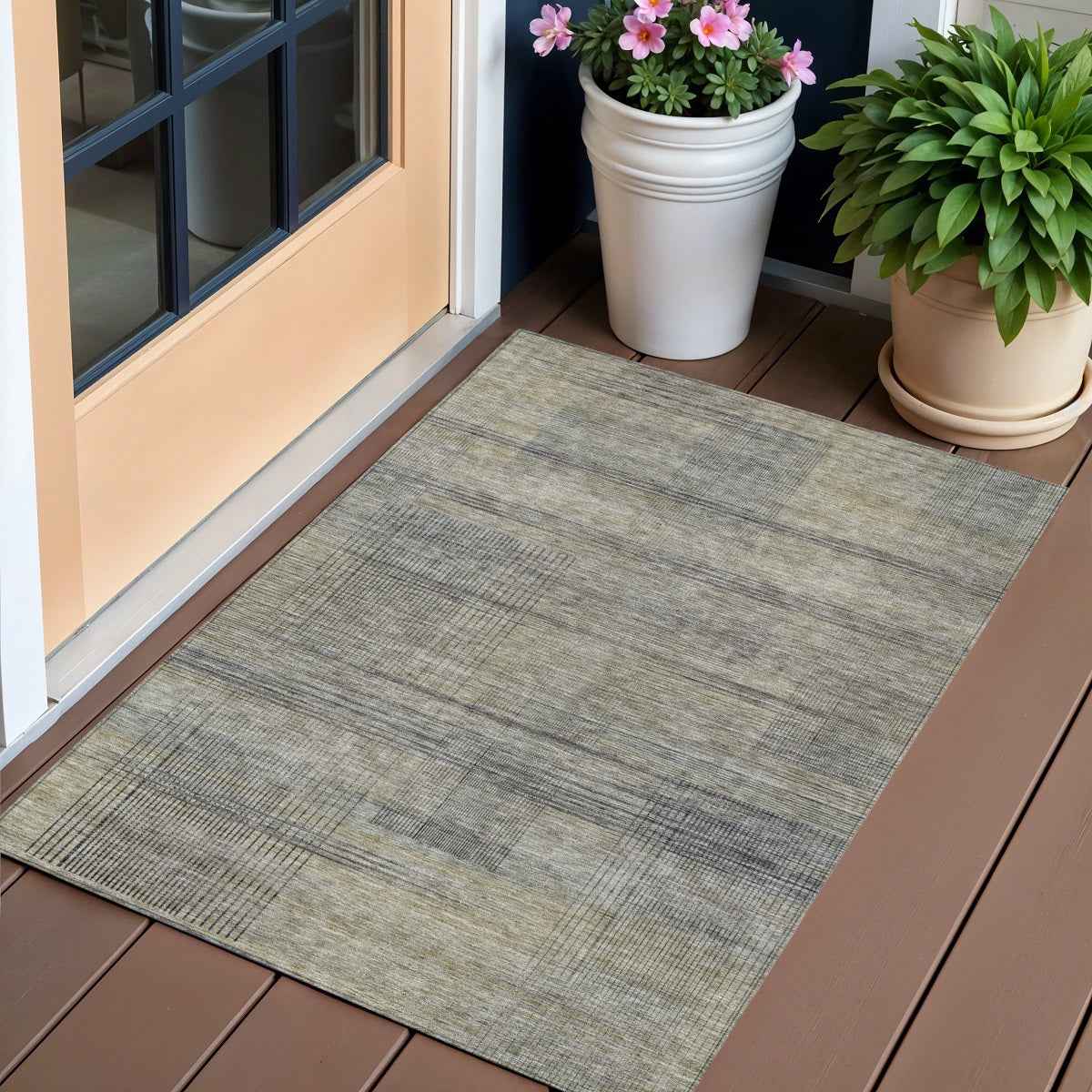3' X 5' Khaki Beige And Gray Striped Washable Indoor Outdoor Area Rug