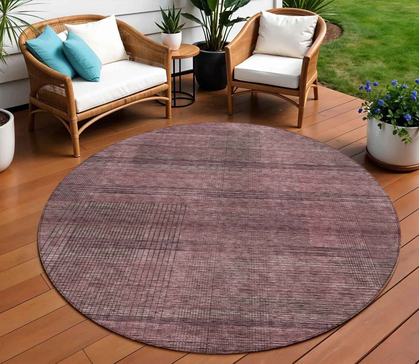 8' Merlot And Gray Round Striped Washable Indoor Outdoor Area Rug