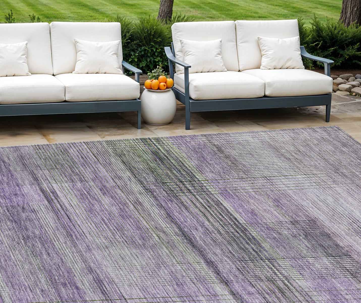 9' X 12' Purple Lavender And Gray Striped Washable Indoor Outdoor Area Rug