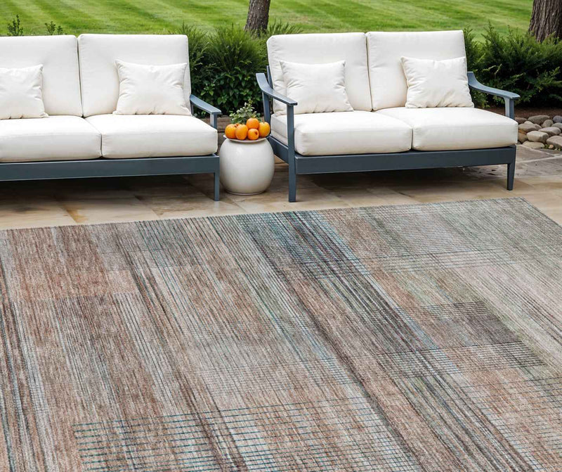 8' X 10' Copper Gray And Blue Striped Washable Indoor Outdoor Area Rug