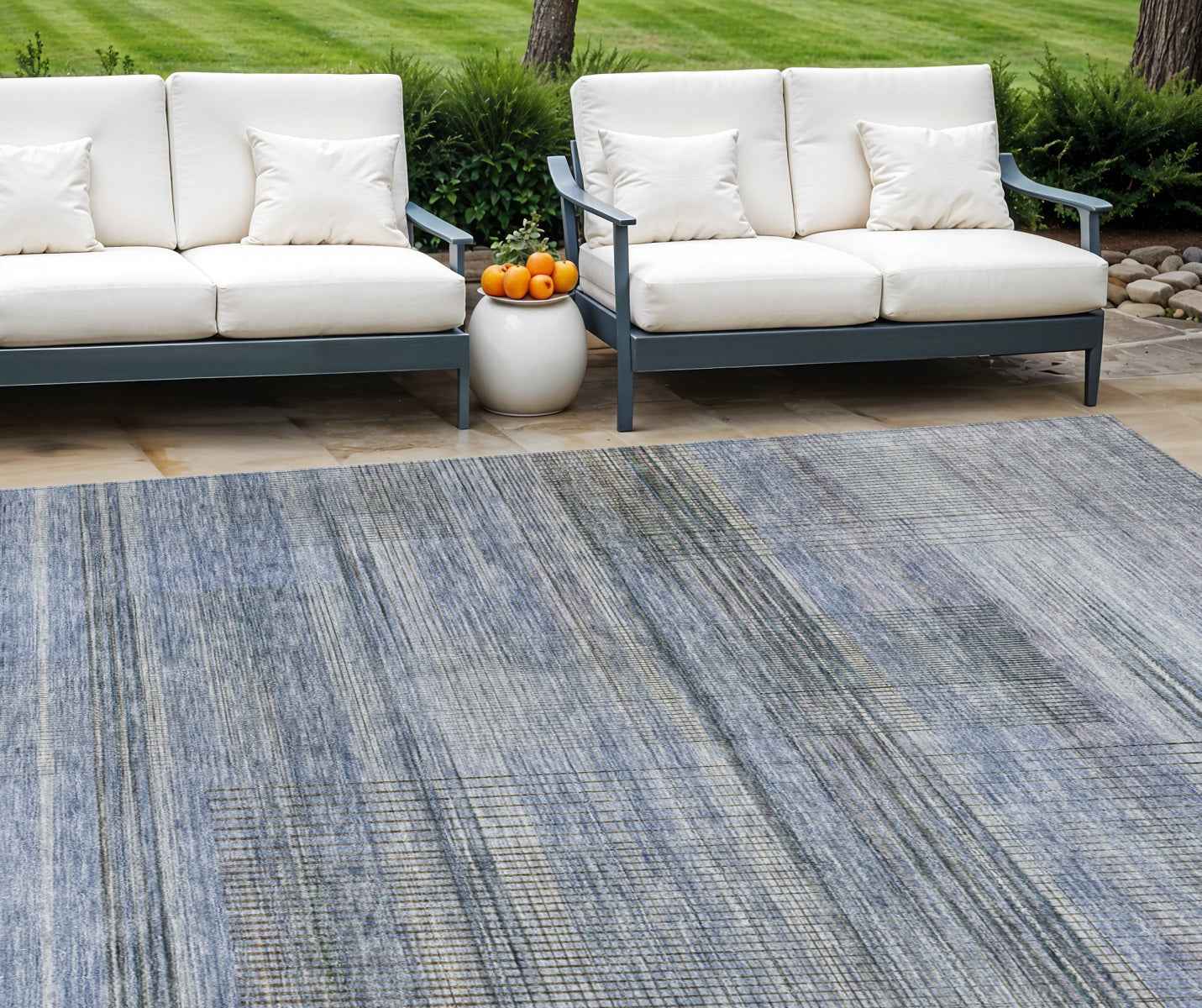 8' X 10' Denim Blue And Sky Blue Striped Washable Indoor Outdoor Area Rug