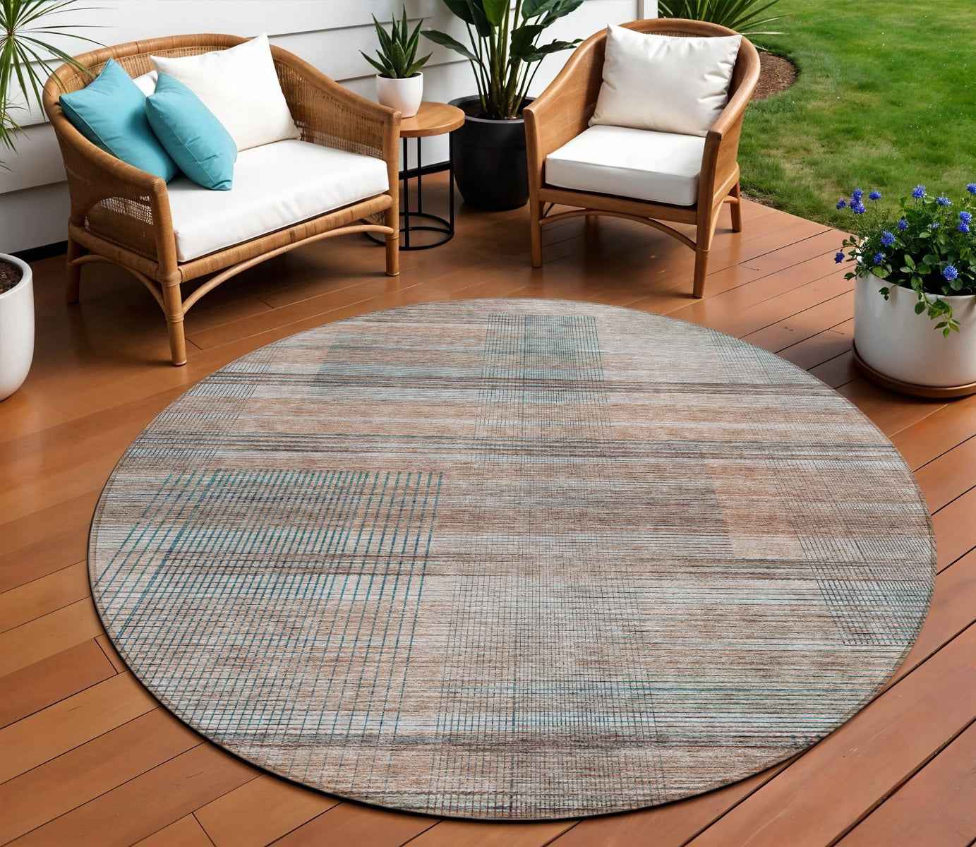 8' Copper Gray And Blue Round Striped Washable Indoor Outdoor Area Rug