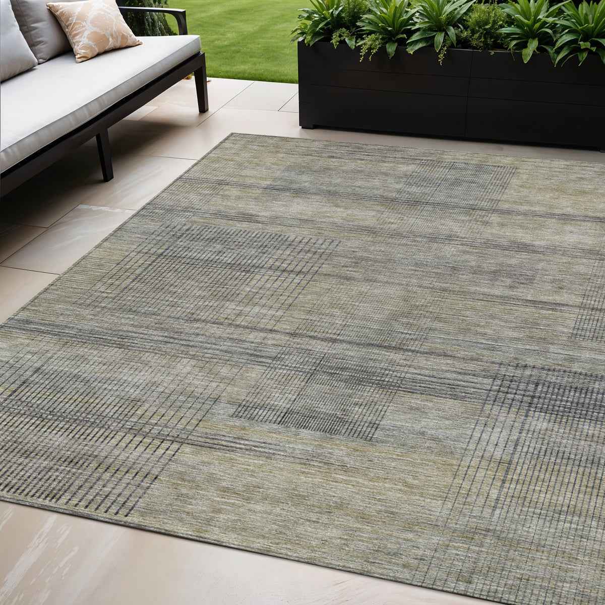 5' X 8' Khaki Beige And Gray Striped Washable Indoor Outdoor Area Rug