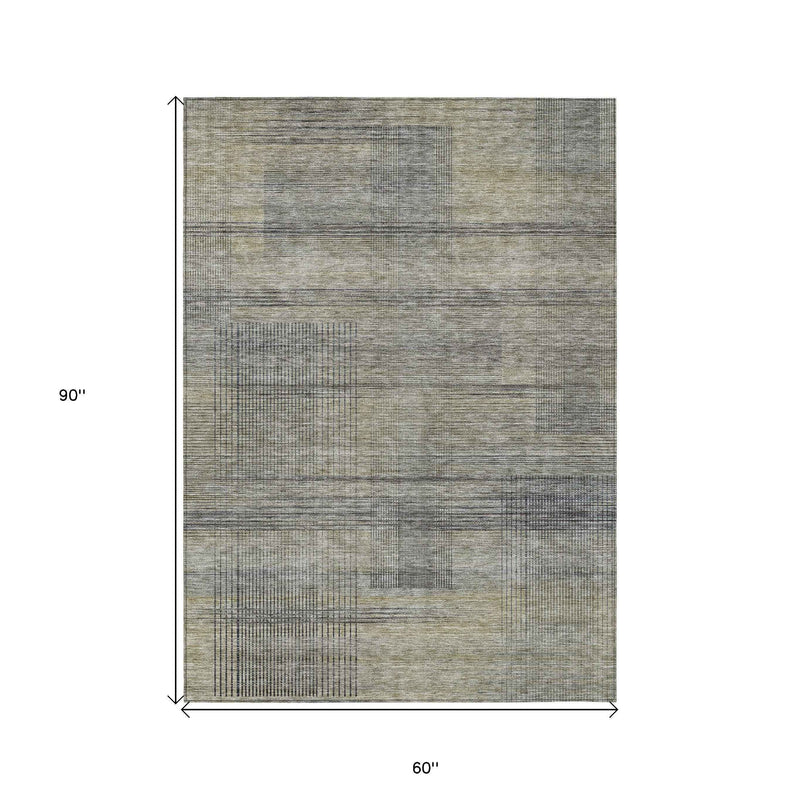 5' X 8' Khaki Beige And Gray Striped Washable Indoor Outdoor Area Rug