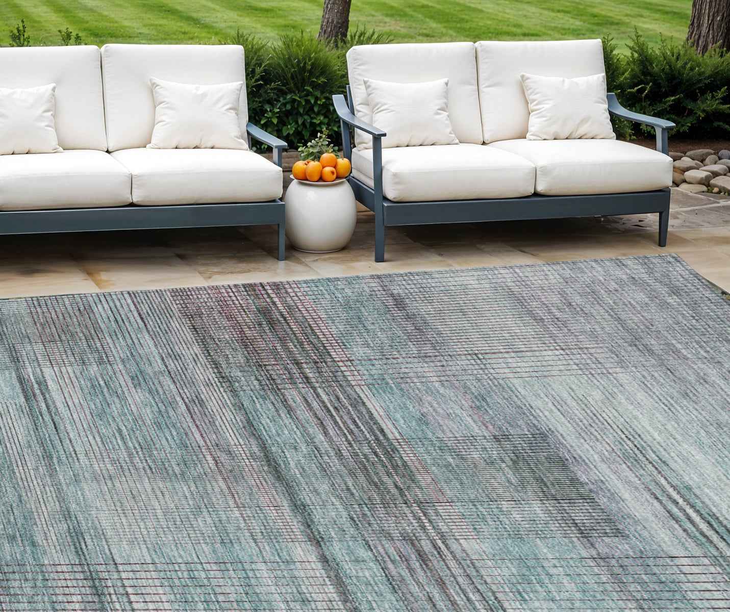 9' X 12' Teal Blue Gray And Charcoal Striped Washable Indoor Outdoor Area Rug