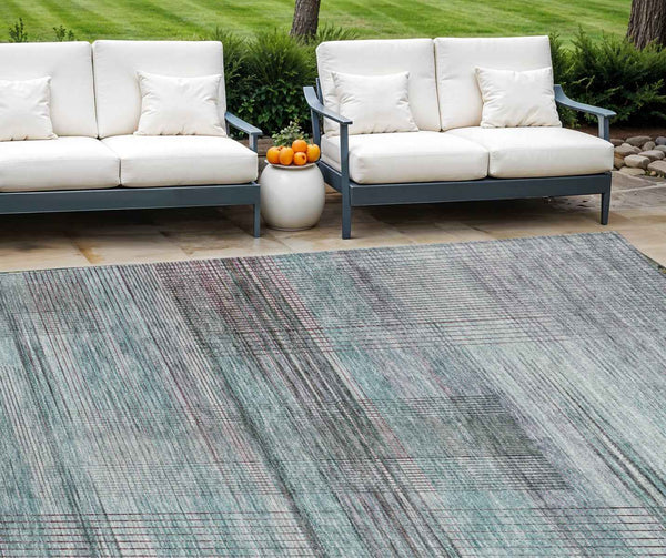 9' X 12' Teal Blue Gray And Charcoal Striped Washable Indoor Outdoor Area Rug