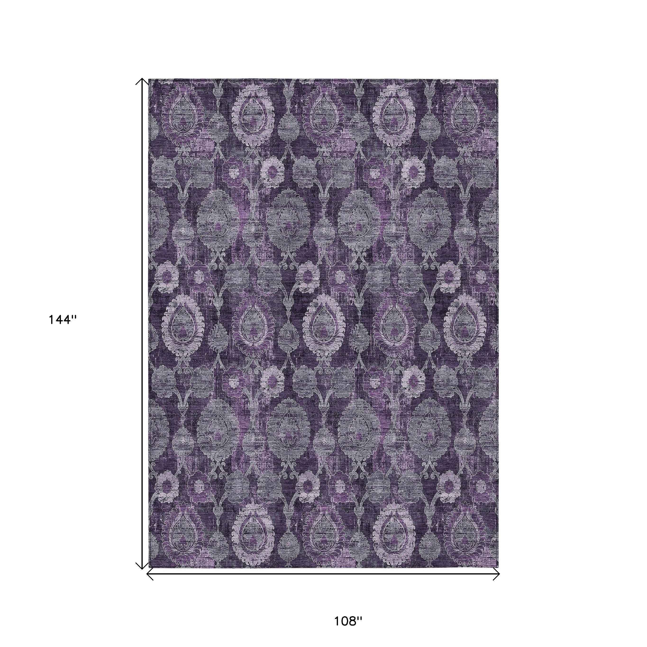 9' X 12' Eggplant Purple And Lavender Damask Washable Indoor Outdoor Area Rug