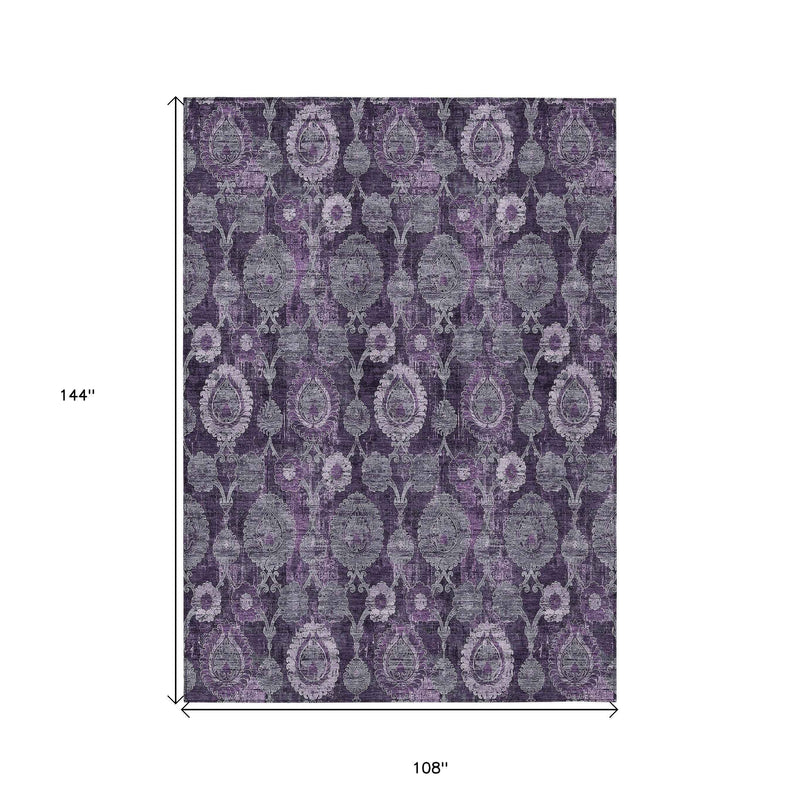 9' X 12' Eggplant Purple And Lavender Damask Washable Indoor Outdoor Area Rug
