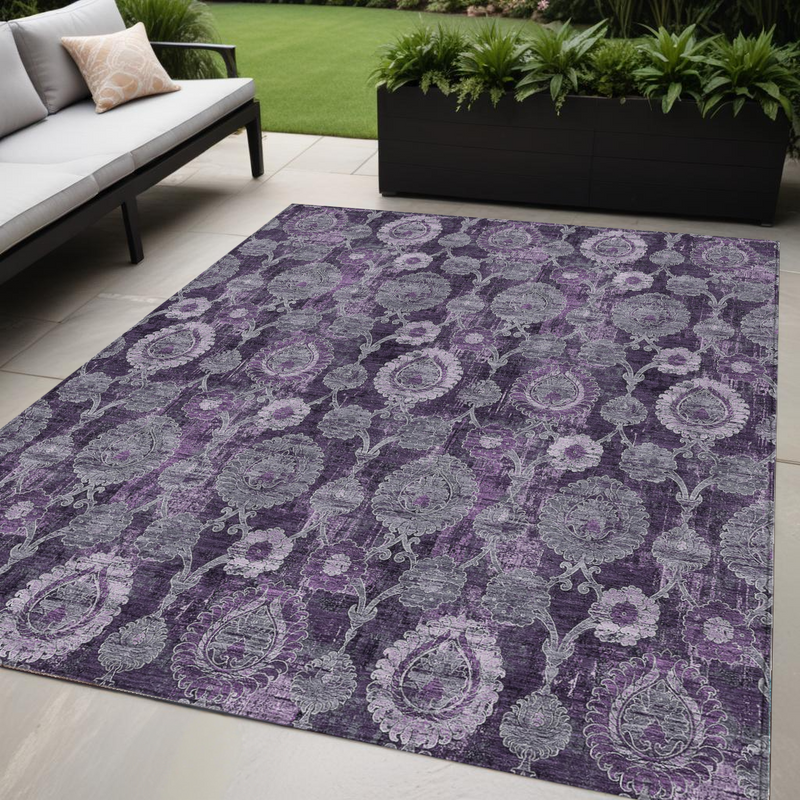 5' X 8' Eggplant Purple And Lavender Damask Washable Indoor Outdoor Area Rug