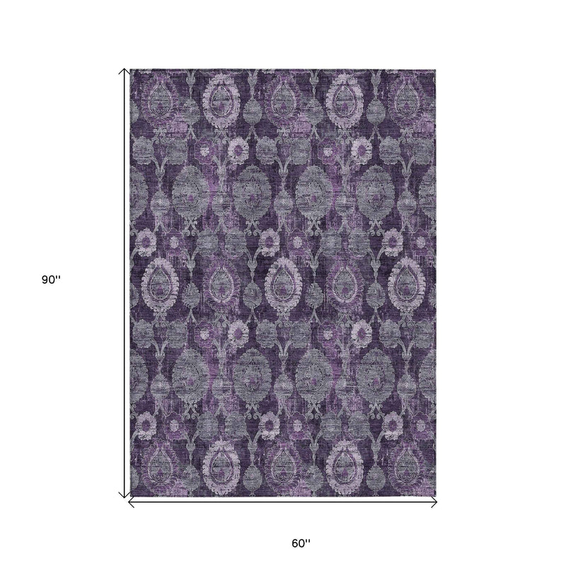 5' X 8' Eggplant Purple And Lavender Damask Washable Indoor Outdoor Area Rug