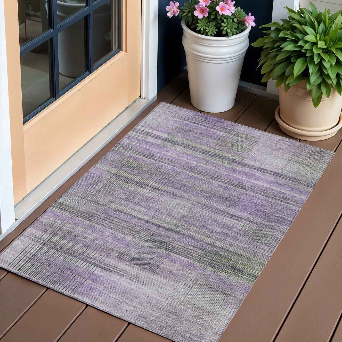 3' X 5' Purple Lavender And Gray Striped Washable Indoor Outdoor Area Rug