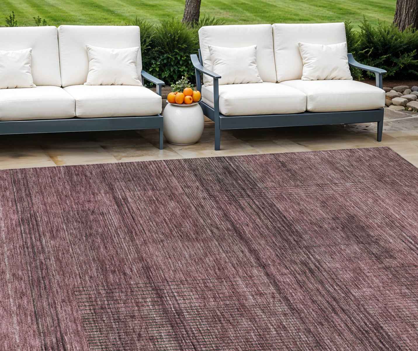 9' X 12' Merlot And Gray Striped Washable Indoor Outdoor Area Rug