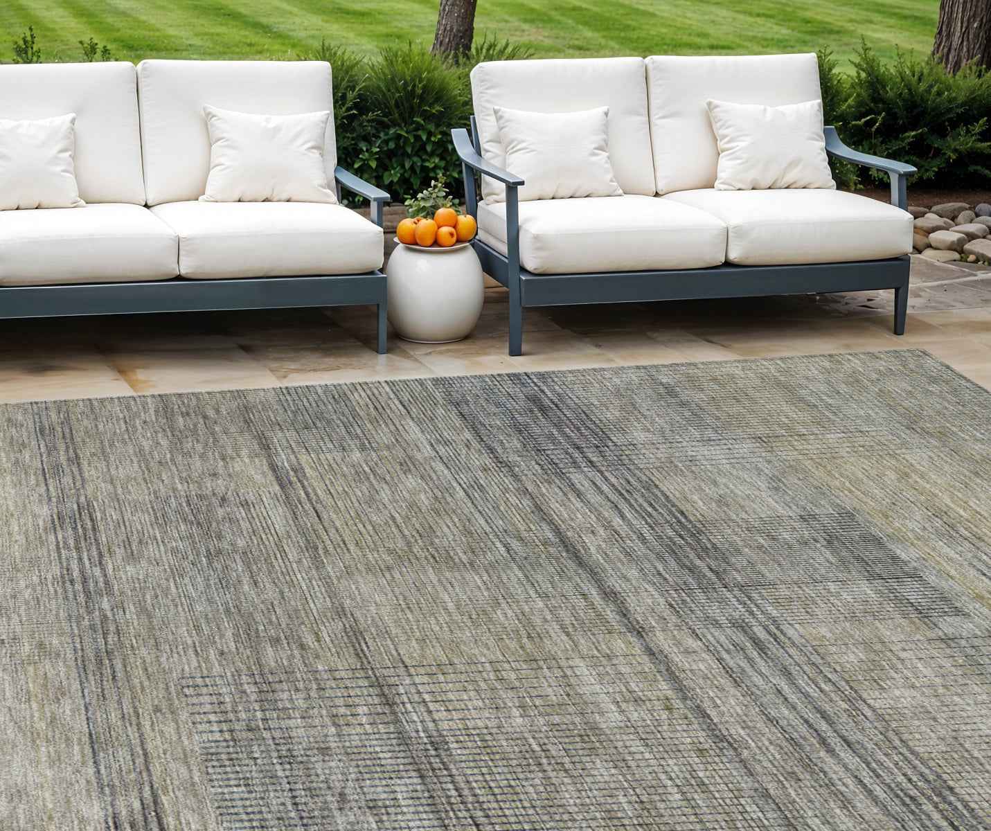 8' X 10' Khaki Beige And Gray Striped Washable Indoor Outdoor Area Rug