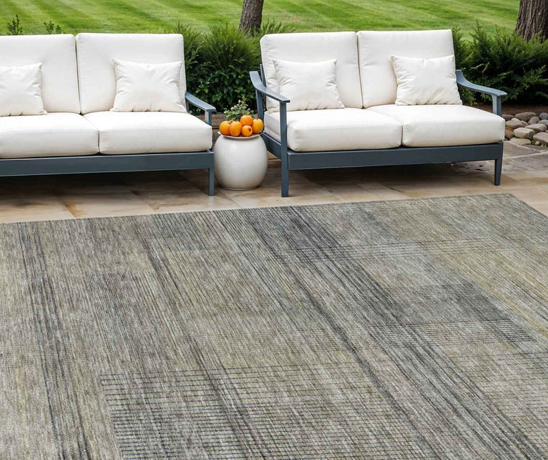 8' X 10' Khaki Beige And Gray Striped Washable Indoor Outdoor Area Rug