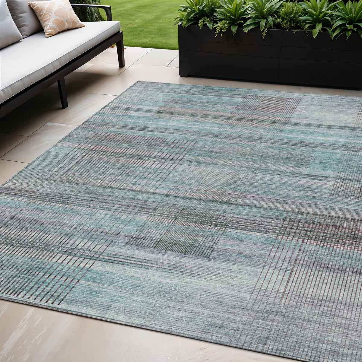 5' X 8' Teal Blue Gray And Charcoal Striped Washable Indoor Outdoor Area Rug