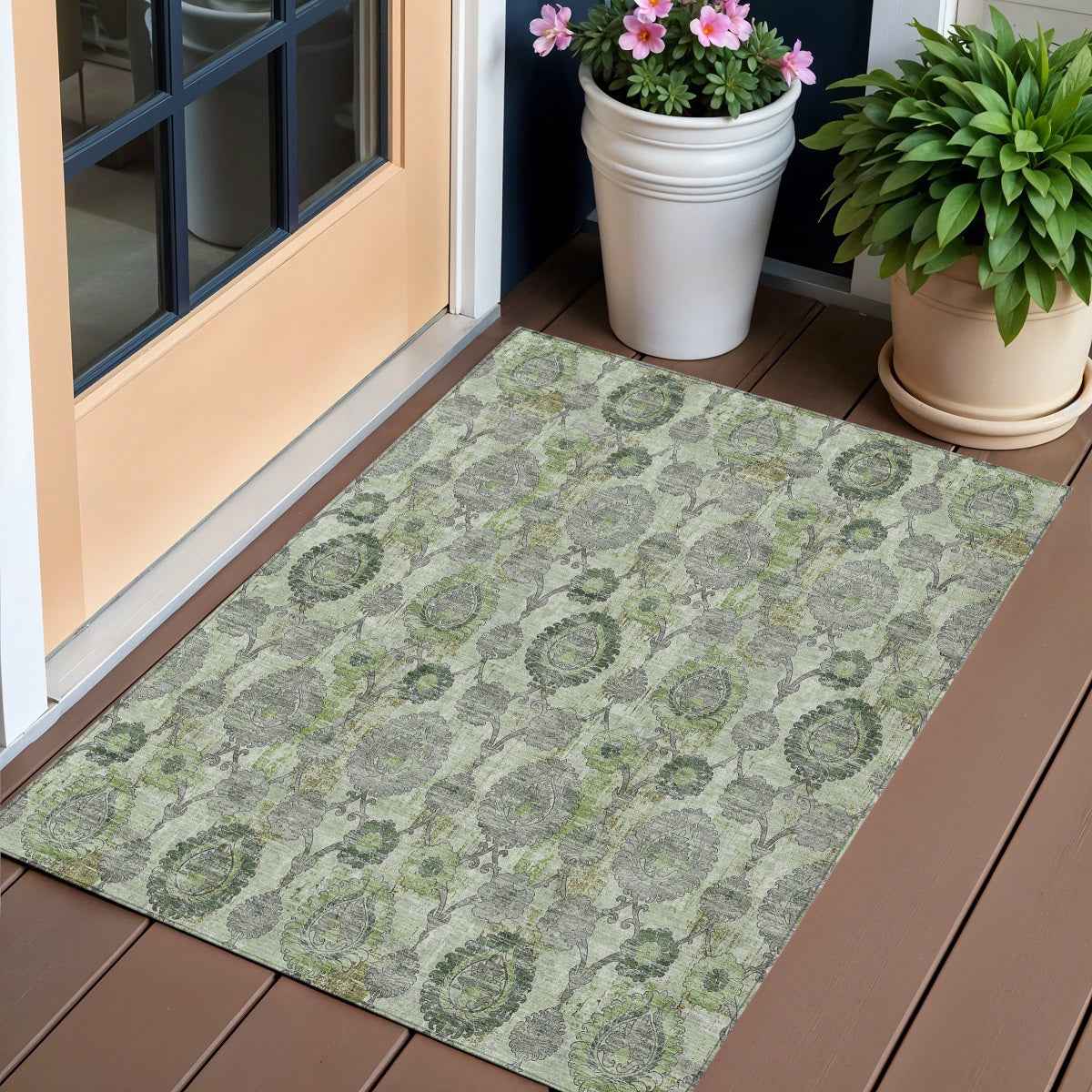 3' X 5' Artichoke Green And Fern Green Damask Washable Indoor Outdoor Area Rug