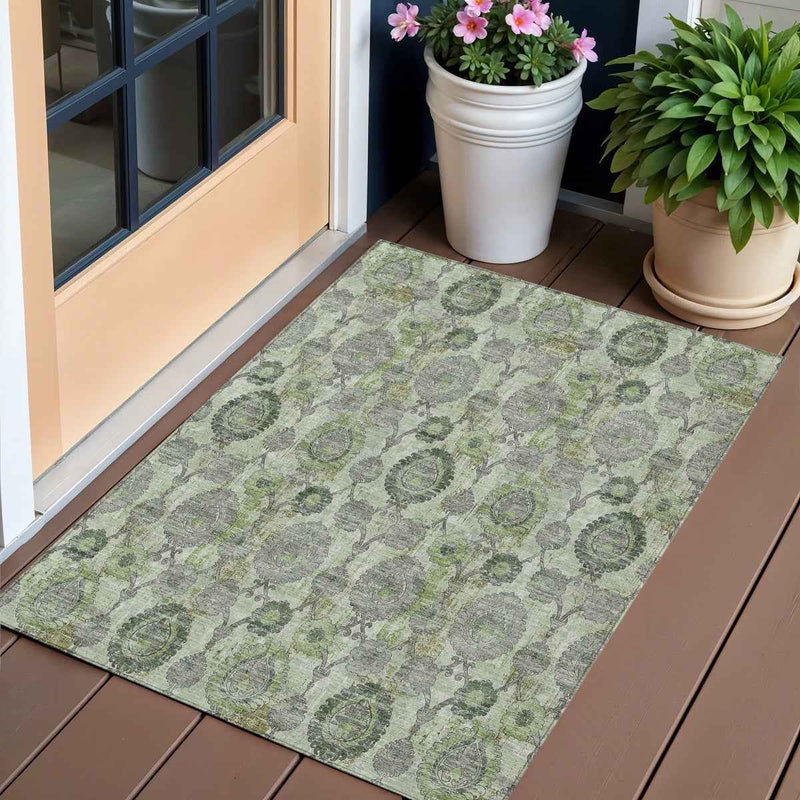 3' X 5' Artichoke Green And Fern Green Damask Washable Indoor Outdoor Area Rug
