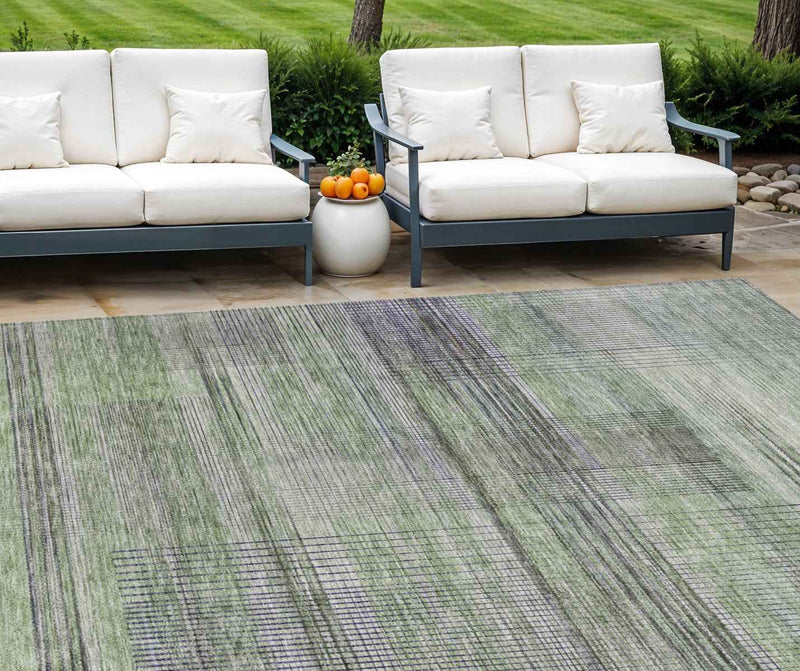 10' X 14' Artichoke Green Purple And Fern Green Striped Washable Indoor Outdoor Area Rug