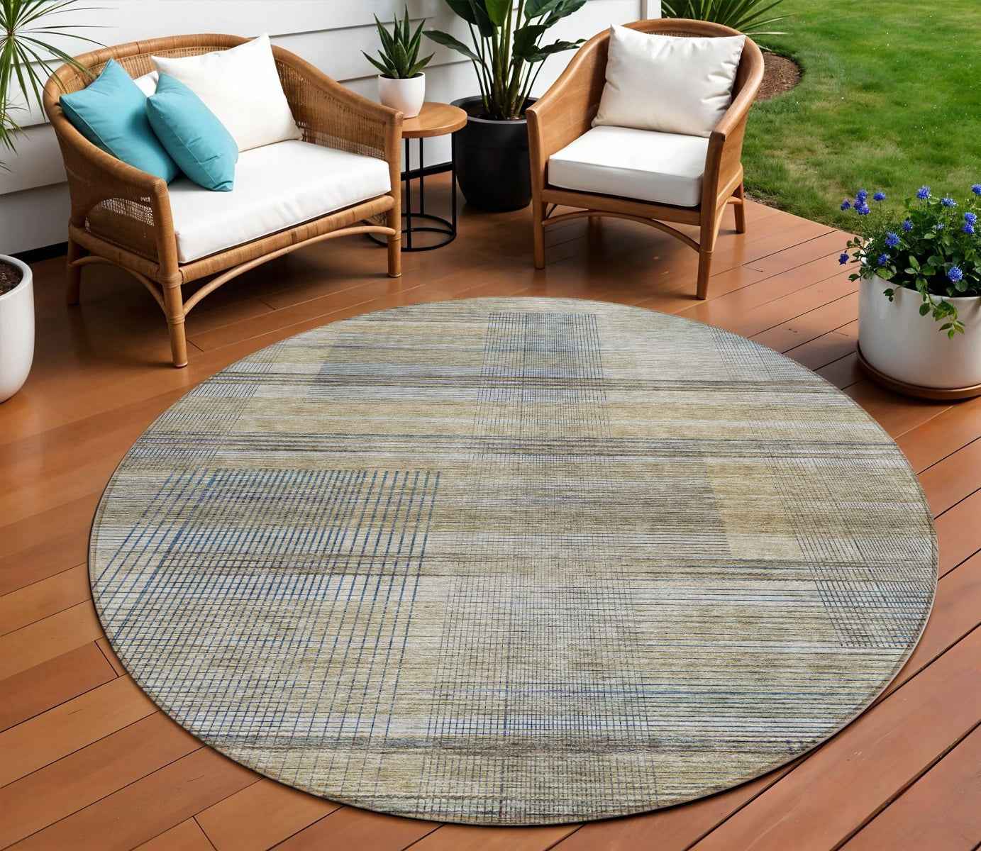 8' Khaki Tan And Beige Round Striped Washable Indoor Outdoor Area Rug