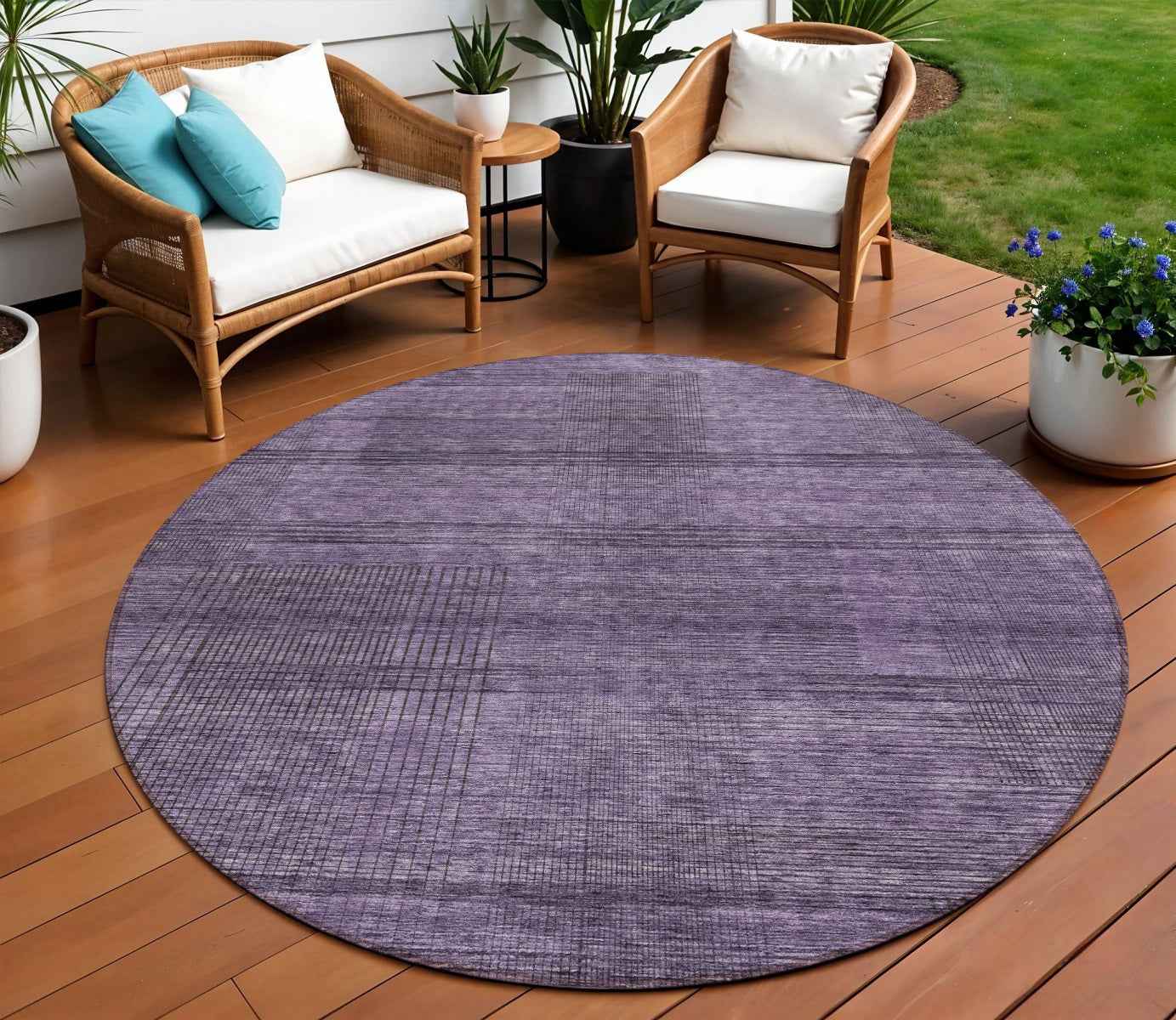 8' Plum Purple And Gray Round Striped Washable Indoor Outdoor Area Rug