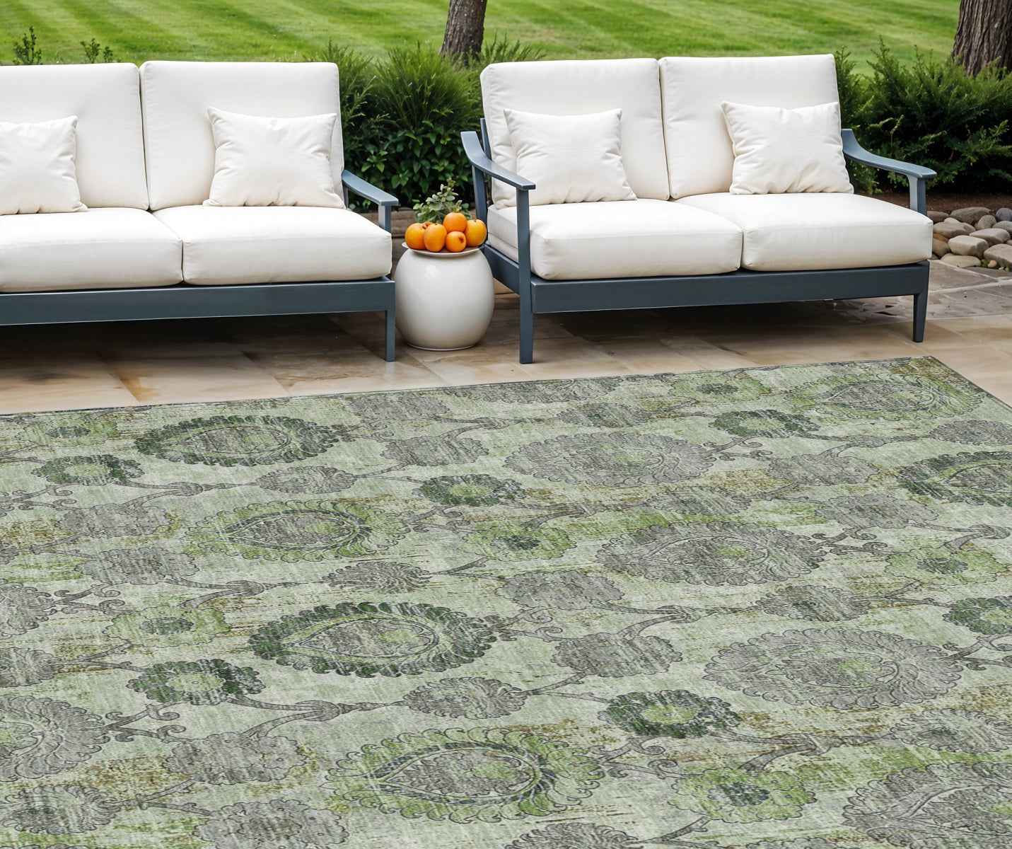 10' X 14' Artichoke Green And Fern Green Damask Washable Indoor Outdoor Area Rug