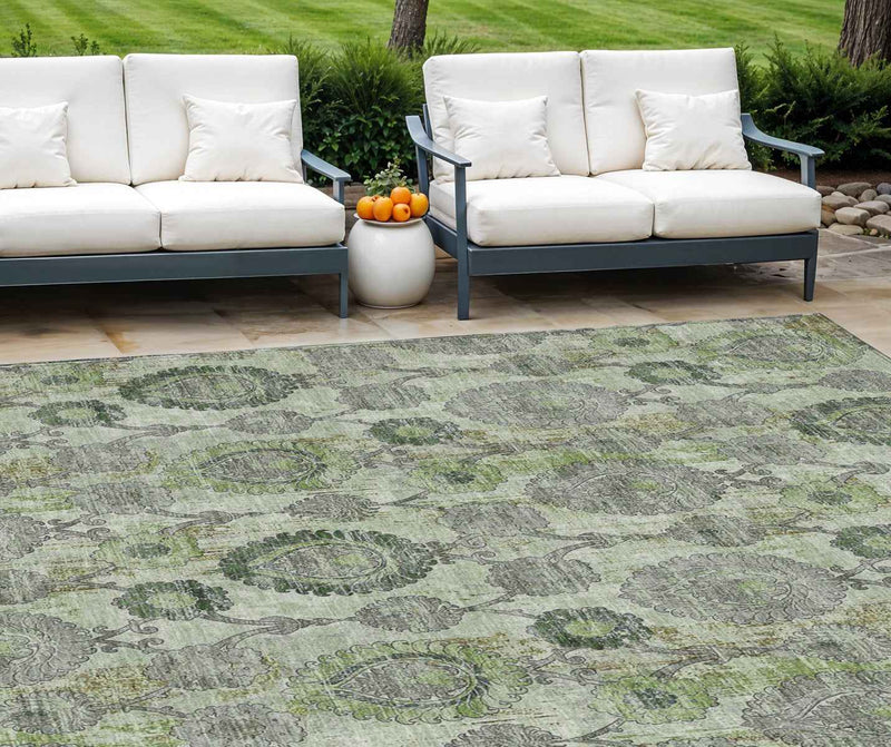 10' X 14' Artichoke Green And Fern Green Damask Washable Indoor Outdoor Area Rug