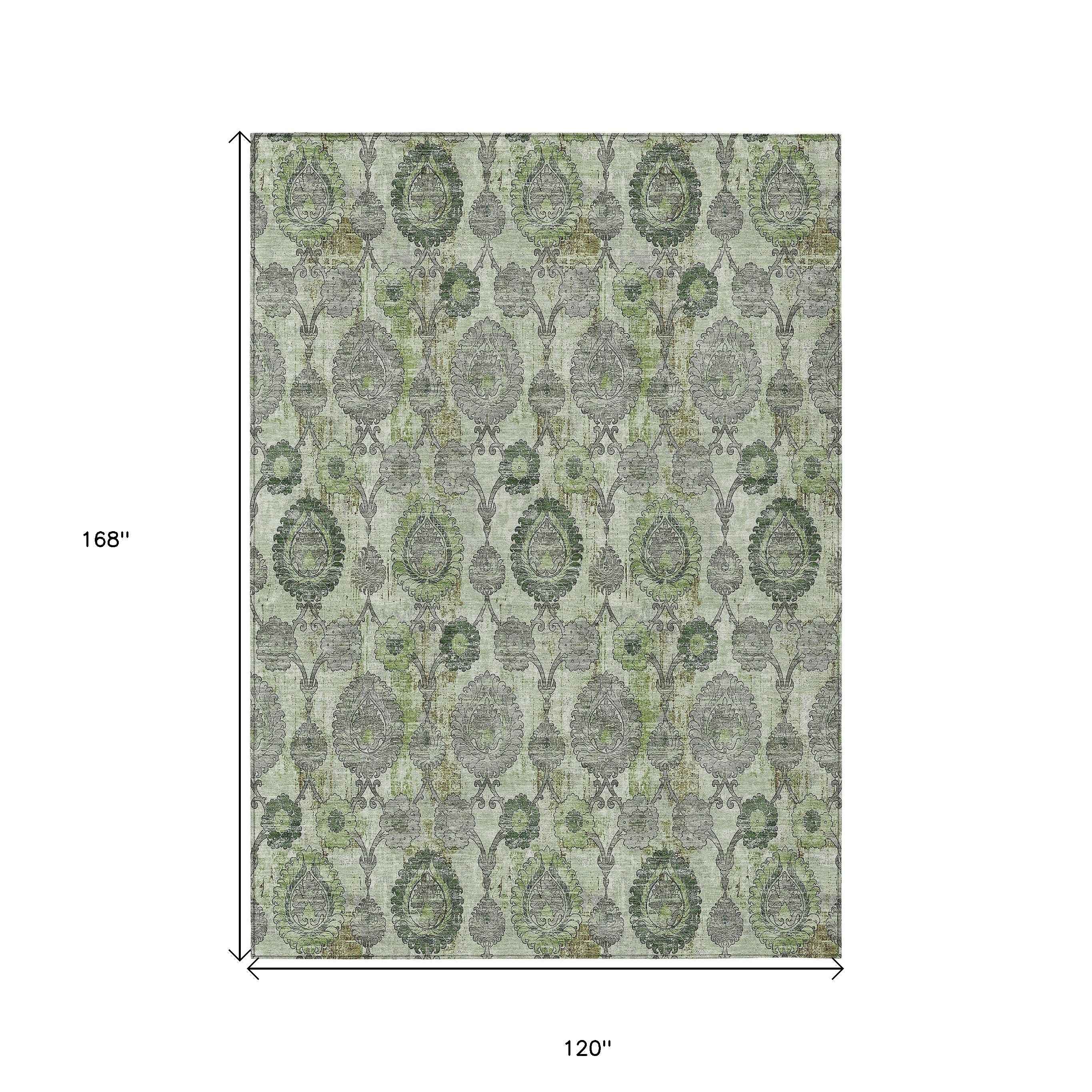 10' X 14' Artichoke Green And Fern Green Damask Washable Indoor Outdoor Area Rug