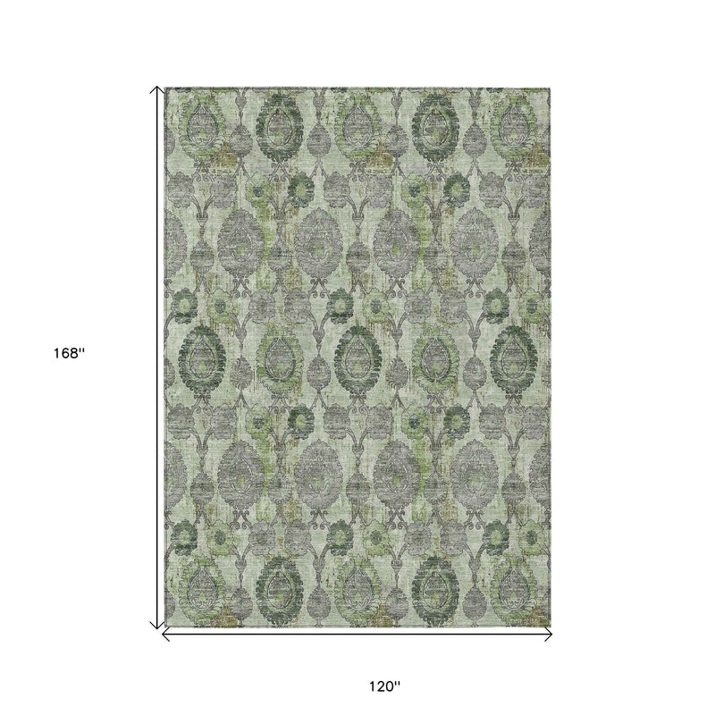 10' X 14' Artichoke Green And Fern Green Damask Washable Indoor Outdoor Area Rug