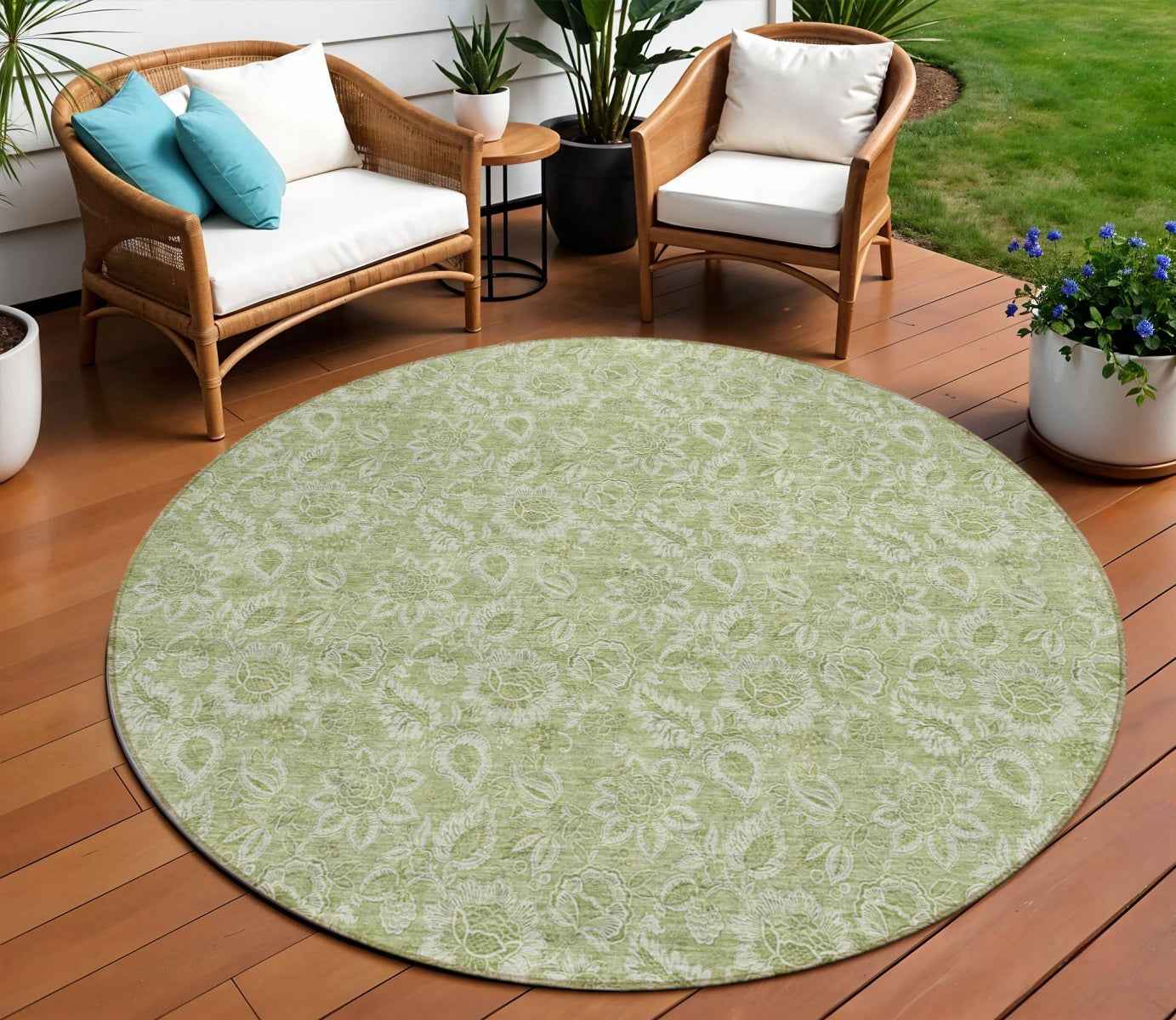 8' Green Blue And Ivory Round Floral Washable Indoor Outdoor Area Rug