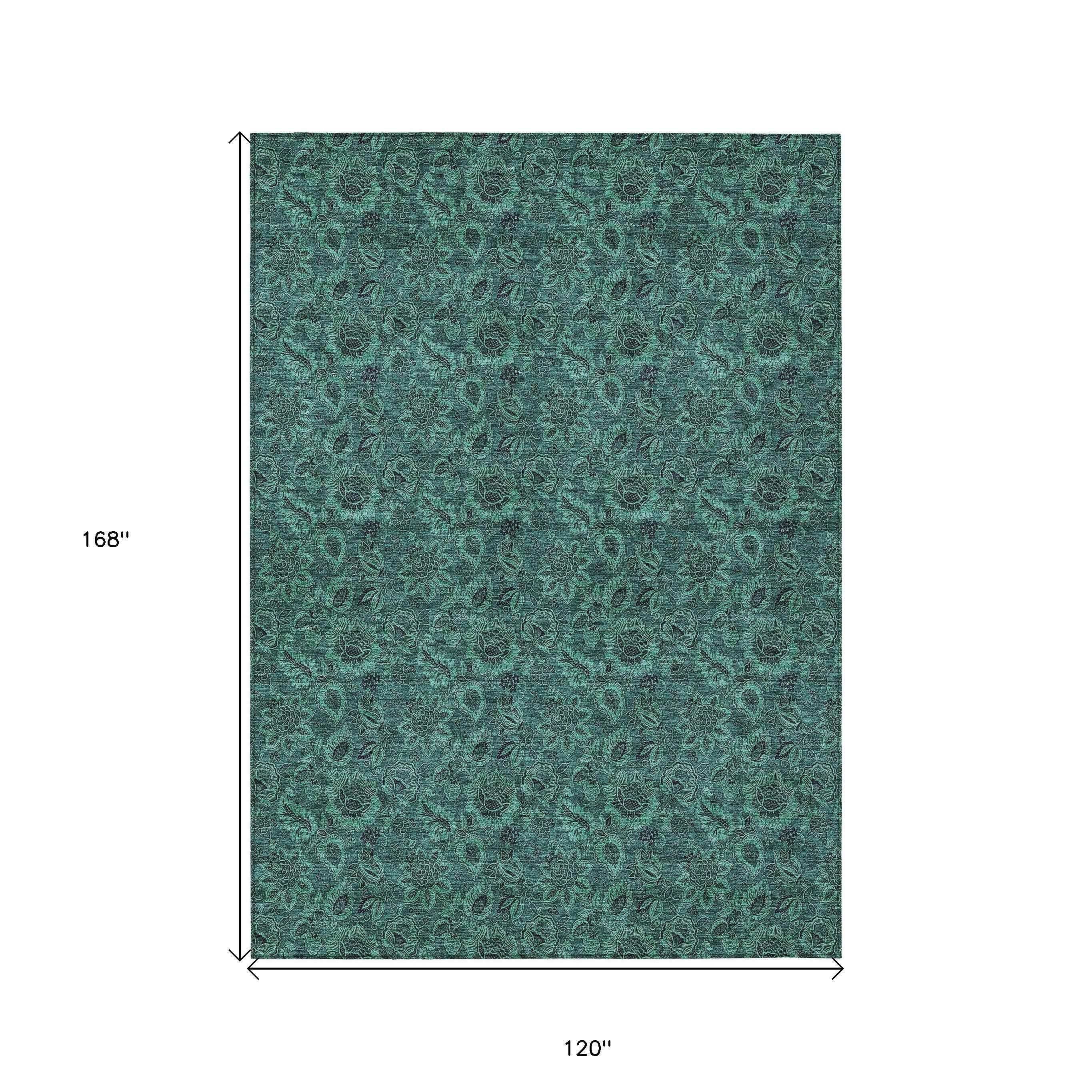 10' X 14' Teal Blue Green And Charcoal Floral Washable Indoor Outdoor Area Rug