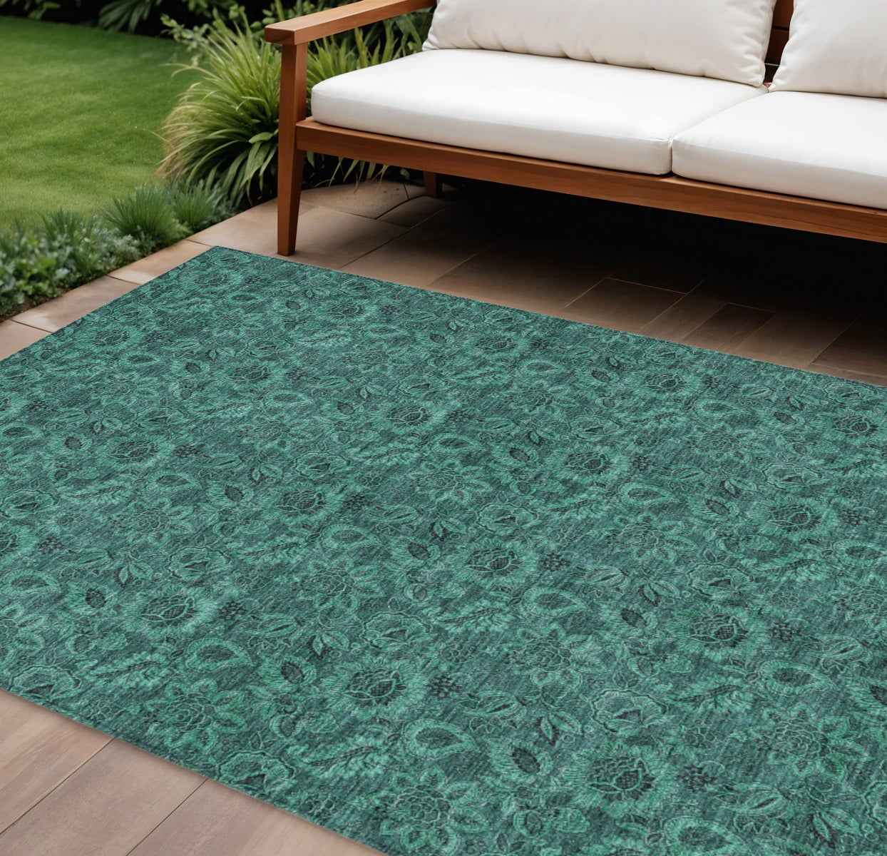 10' X 14' Teal Blue Green And Charcoal Floral Washable Indoor Outdoor Area Rug