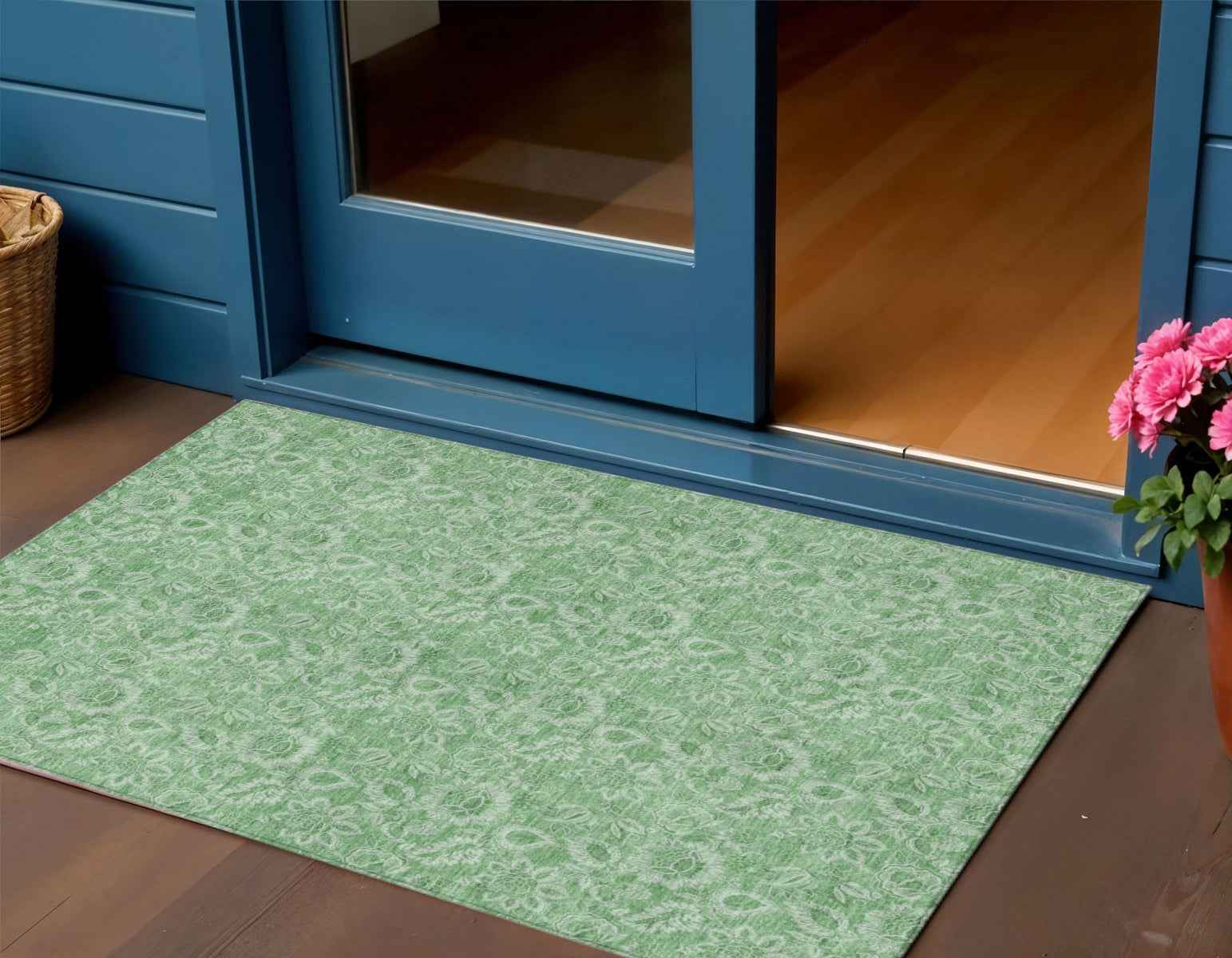 3' X 5' Green And Artichoke Green Floral Washable Indoor Outdoor Area Rug