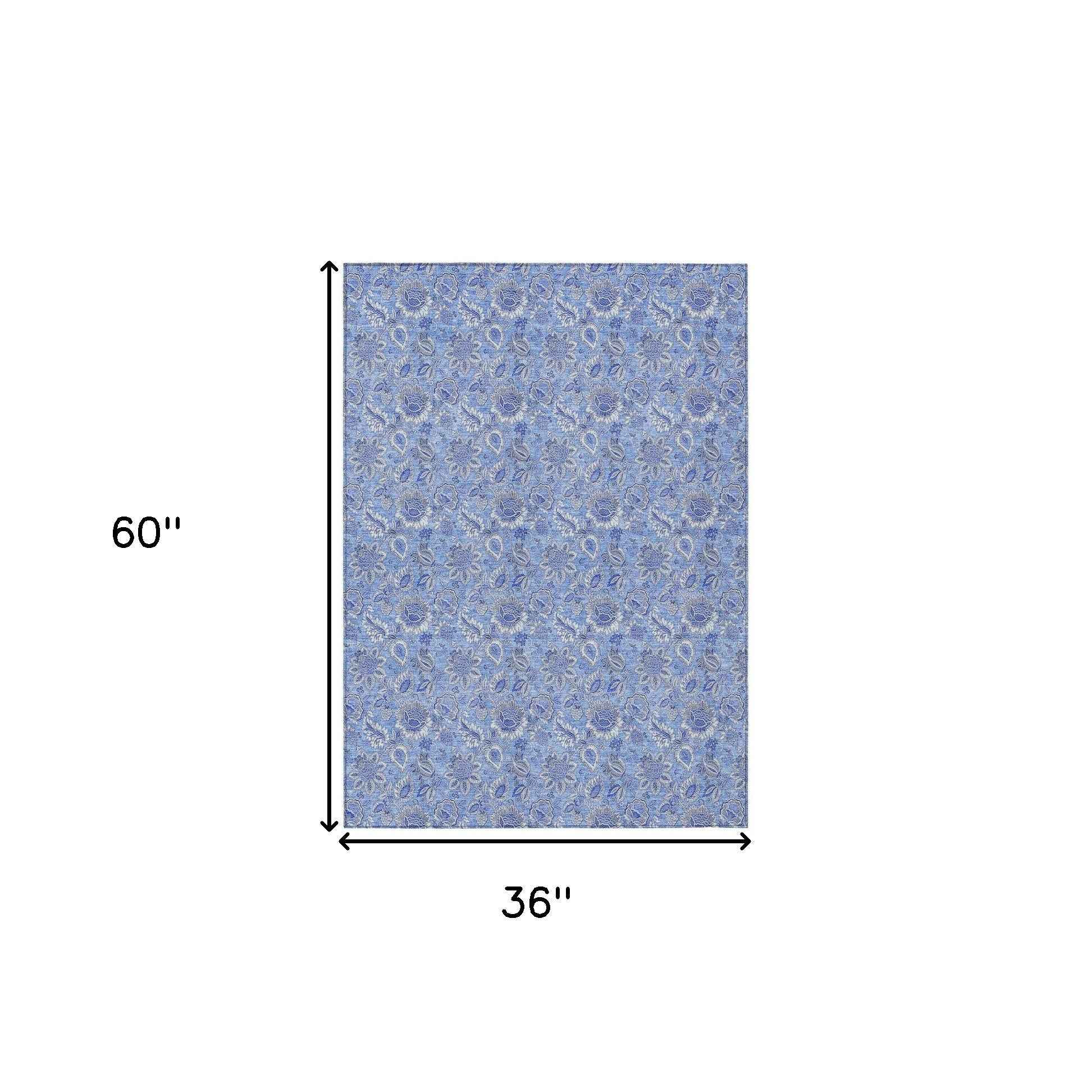 3' X 5' Navy Blue And Denim Blue Floral Washable Indoor Outdoor Area Rug