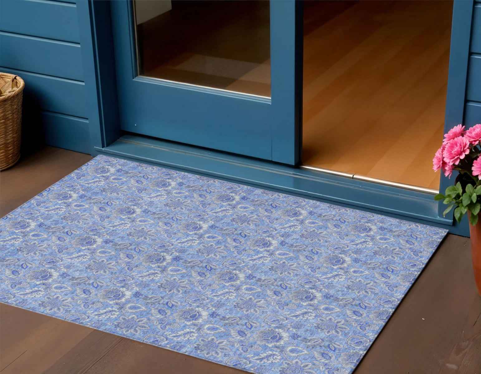 3' X 5' Navy Blue And Denim Blue Floral Washable Indoor Outdoor Area Rug