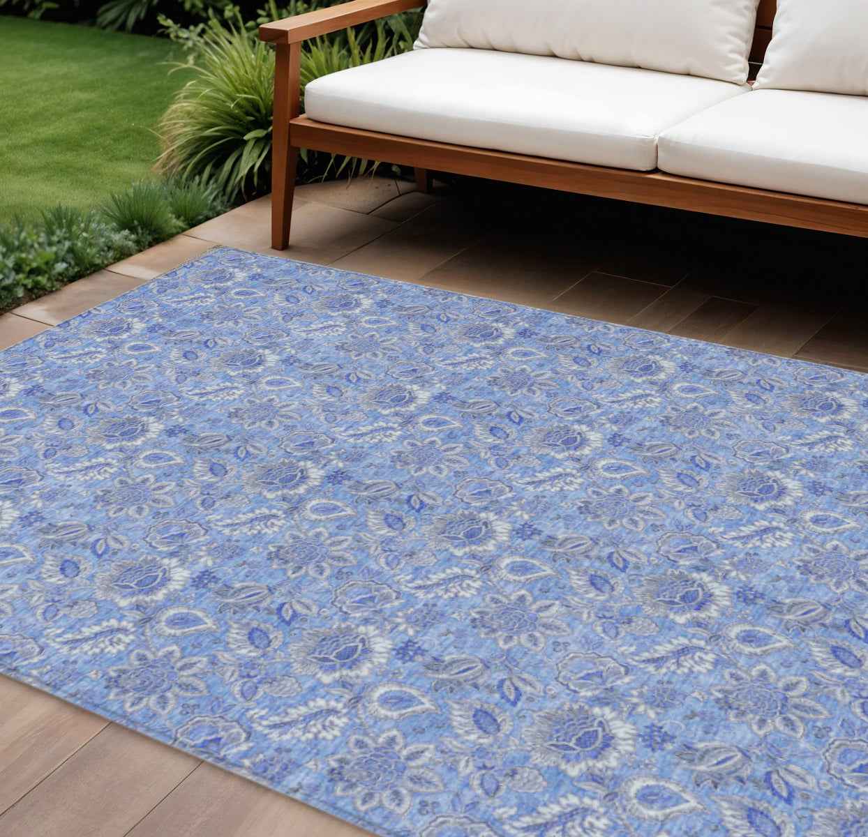 9' X 12' Navy Blue And Denim Blue Floral Washable Indoor Outdoor Area Rug