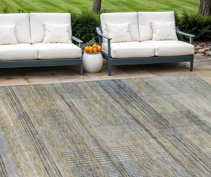 8' X 10' Khaki Tan And Beige Striped Washable Indoor Outdoor Area Rug