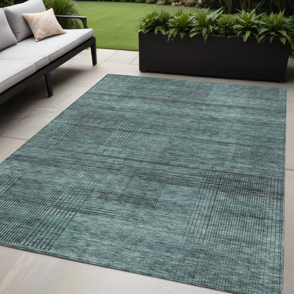 5' X 8' Teal Blue Aqua And Gray Striped Washable Indoor Outdoor Area Rug