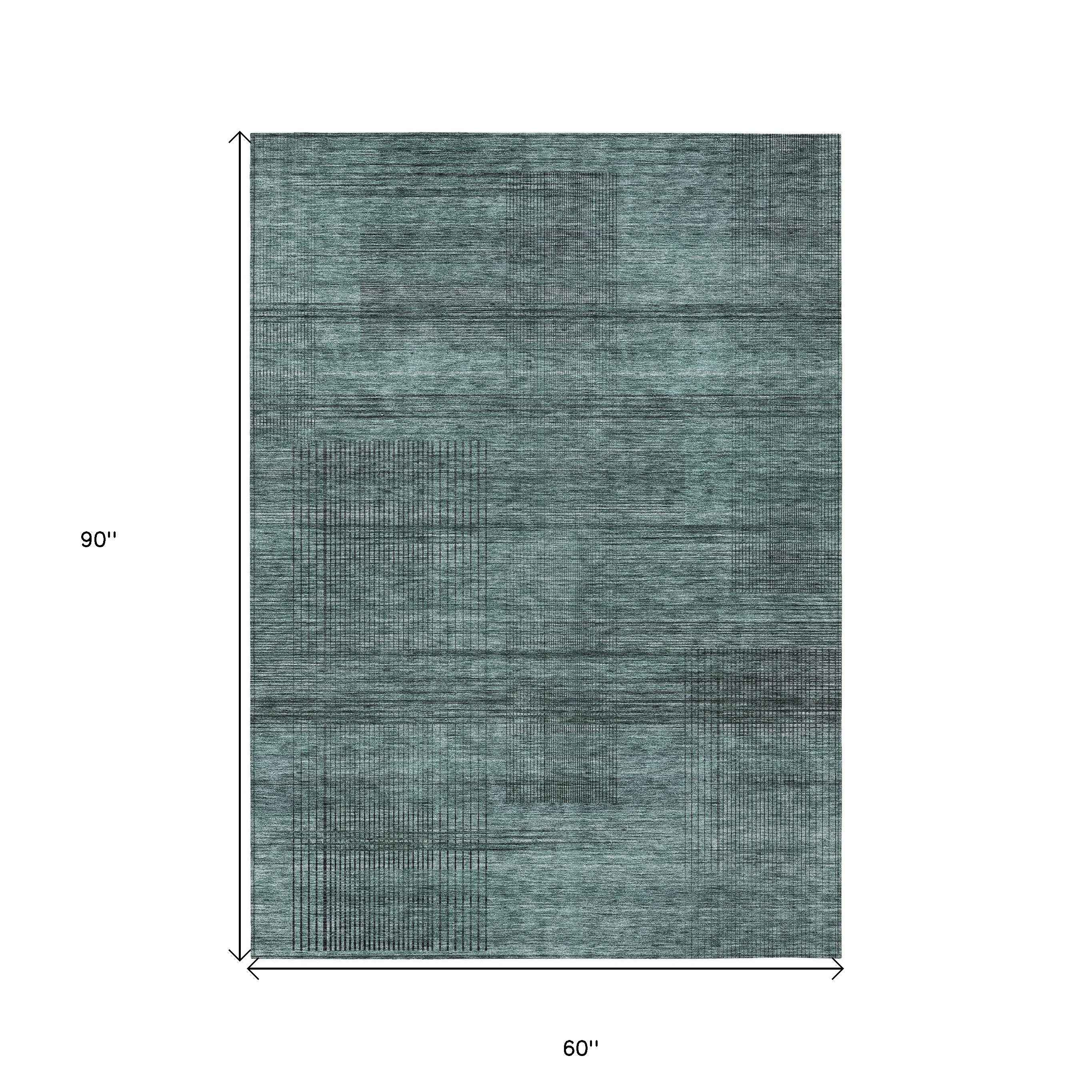 5' X 8' Teal Blue Aqua And Gray Striped Washable Indoor Outdoor Area Rug