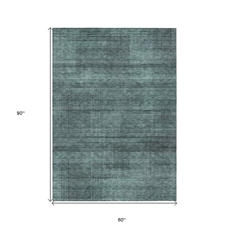 5' X 8' Teal Blue Aqua And Gray Striped Washable Indoor Outdoor Area Rug
