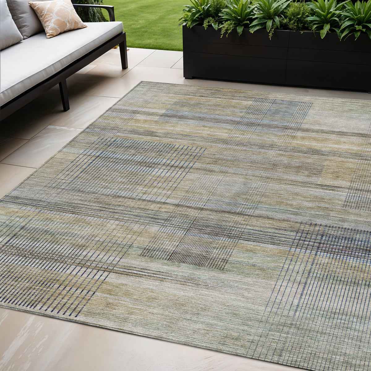 5' X 8' Khaki Tan And Beige Striped Washable Indoor Outdoor Area Rug
